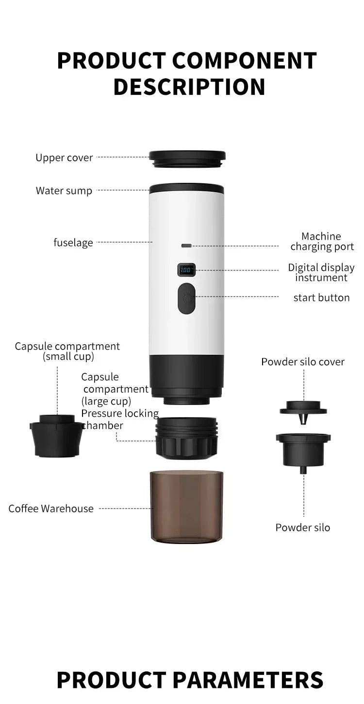 3-in-1 Portable Electric Coffee Maker with Built-In Grinder & Cordless Heating