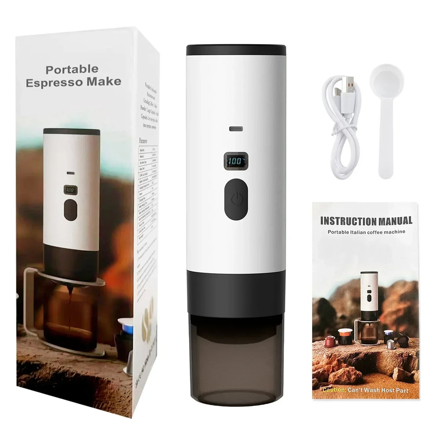 3-in-1 Portable Electric Coffee Maker with Built-In Grinder & Cordless Heating
