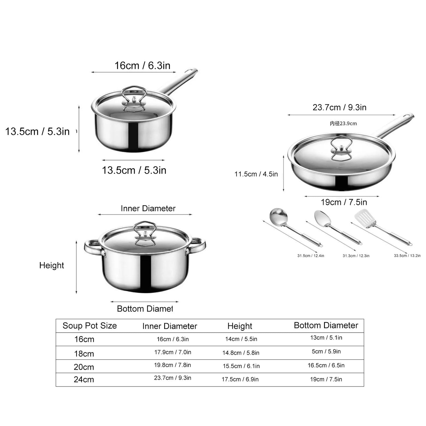 Stainless Steel Cookware Set Kitchen Cookware Set Stainless Steel Pots Pans Set with Soup Pot Saute Pan Lids for Home Cooking