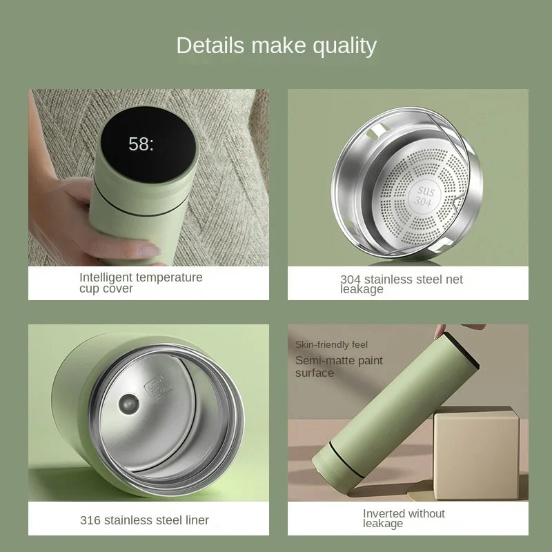 480ml Smart Thermos Cup 304 Stainless Steel Smart Temperature Display Waterproof Double-wall Vacuum Thermos Cup