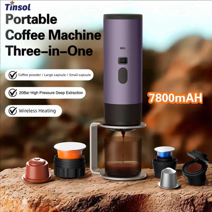 3-in-1 Portable Electric Coffee Maker with Built-In Grinder & Cordless Heating