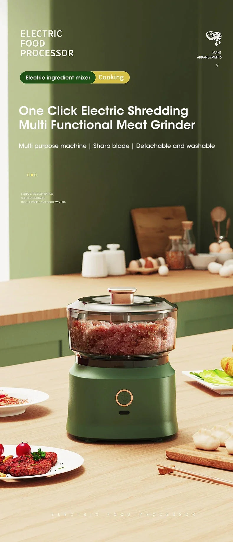 Electric Meat Grinder Garlic Blender Kitchen Food Crushing Multi-function Stirring Vegetable and Meat Mash Usb Charging 350ml