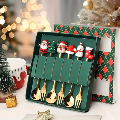 6-Piece Christmas Fork & Spoon Set | Stainless Steel Holiday Tableware