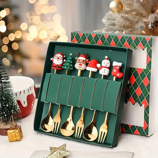 6-Piece Christmas Fork & Spoon Set | Stainless Steel Holiday Tableware
