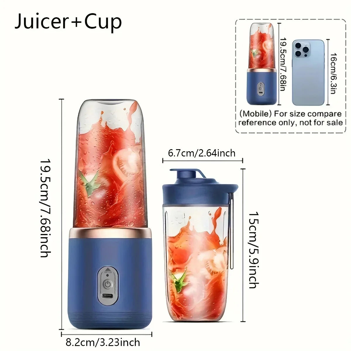 1pc USB Rechargeable Portable Blender - Dual-Cup ,Compact & Durable, Includes Carry Strap, Ideal for Smoothies and Breakfast