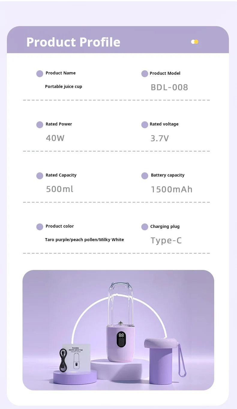 500ML Portable Blender with Lid Rechargeable Wireless Orange Juicer 16 Stainless Blades USB Smoothie Vegetables Fruits Mixer