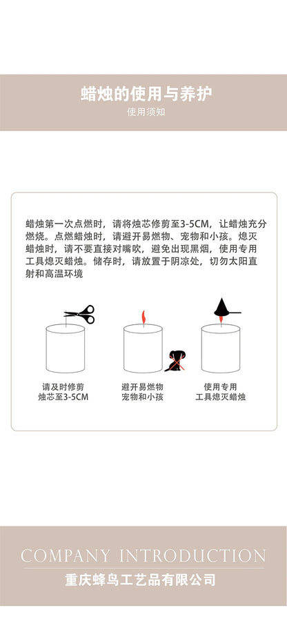 Handmade scented candles with striped columns. White and green decoration. Blue wind chimes scented candles accompanied the cere