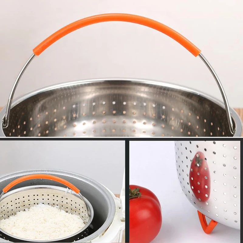 2-8L Stainless Steel Steamer Basket Instant Pot Accessories Instant Cooker with Silicone Covered Handle Draining Steam Basket