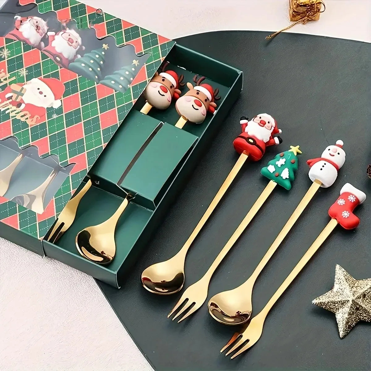 6-Piece Christmas Fork & Spoon Set | Stainless Steel Holiday Tableware