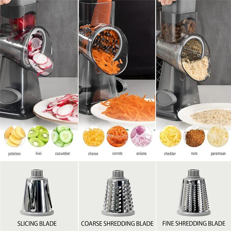 B84B-Rotary Cheese Grater Hand Crank Vegetable Shredder With Handle, Interchangeable Blades,Multifunctional Slicer For Kitchen