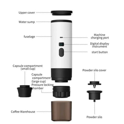 3-in-1 Portable Electric Coffee Maker with Built-In Grinder & Cordless Heating