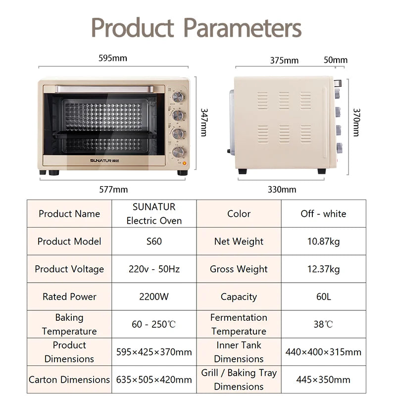 SUNATUR 2200w hot air circulation oven small commercial baking pizza toaster oven  60L Electric table oven household pastry oven