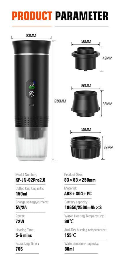 Foombthe Portable Espresso Coffee Machine With Digital Display 3-in-1 Capsule Coffee Maker for Car & Home Camping Coffee Maker