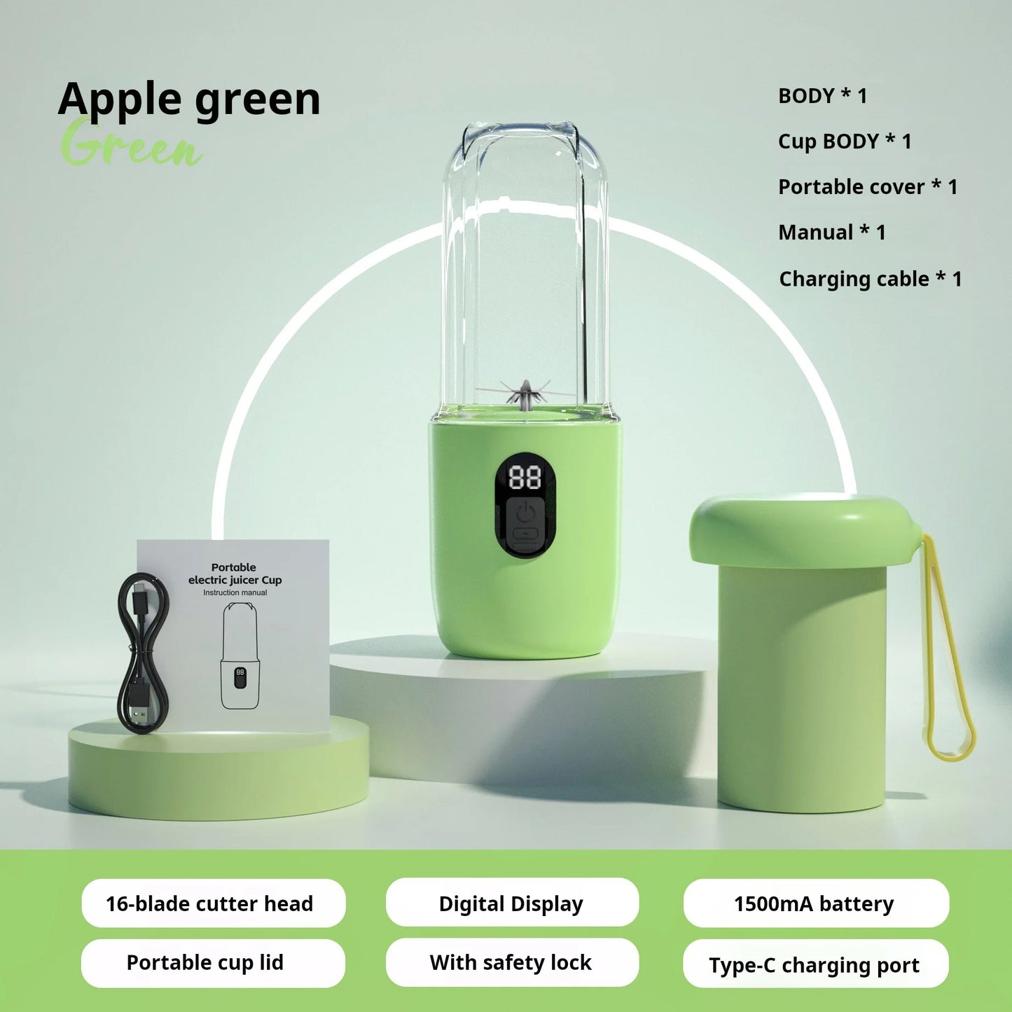 500ML Portable Blender with Lid Rechargeable Wireless Orange Juicer 16 Stainless Blades USB Smoothie Vegetables Fruits Mixer