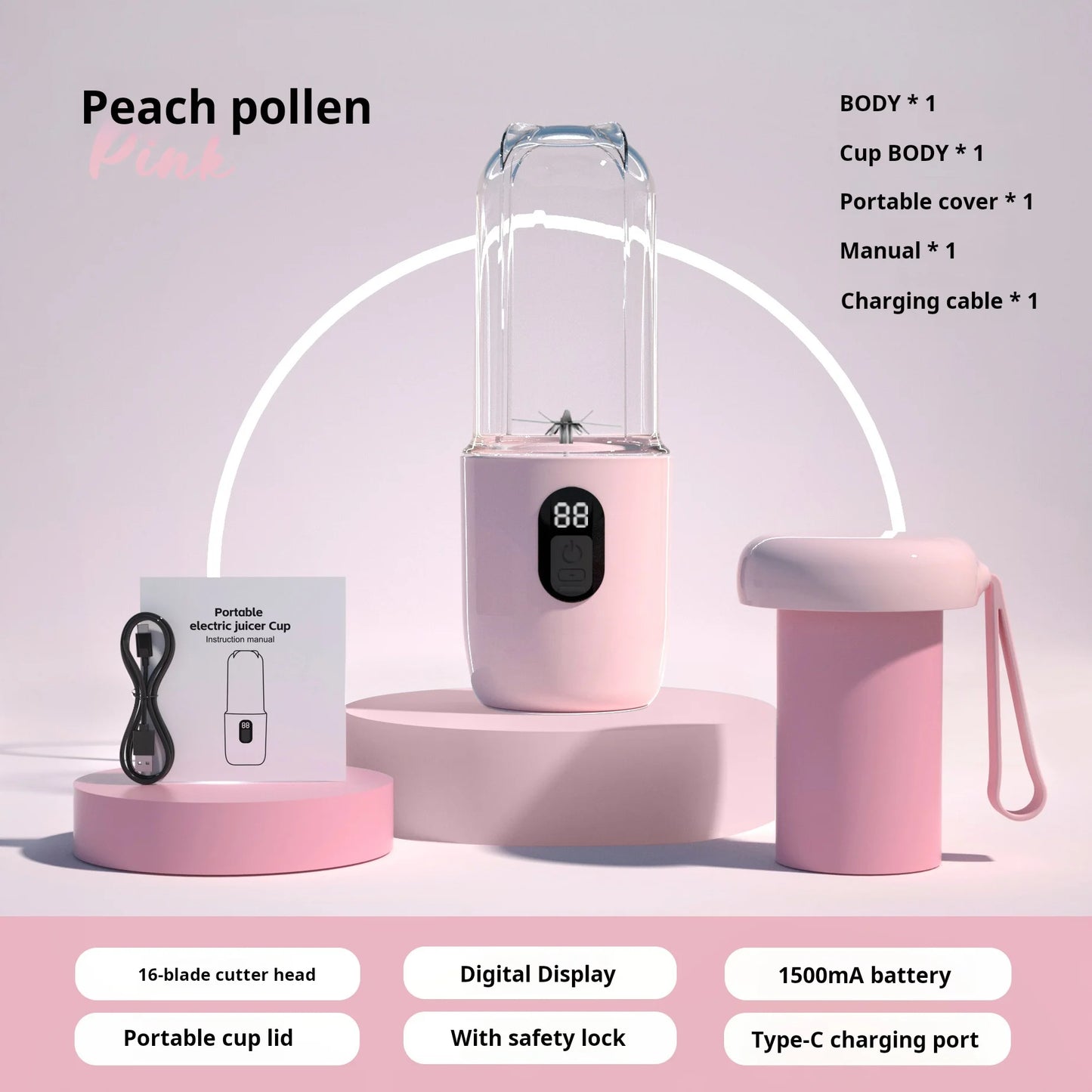 500ML Portable Blender with Lid Rechargeable Wireless Orange Juicer 16 Stainless Blades USB Smoothie Vegetables Fruits Mixer