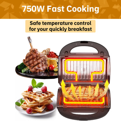 WNDSEVEN 3-in-1 Breakfast Machine | Toaster, Sandwich Maker & Waffle Grill